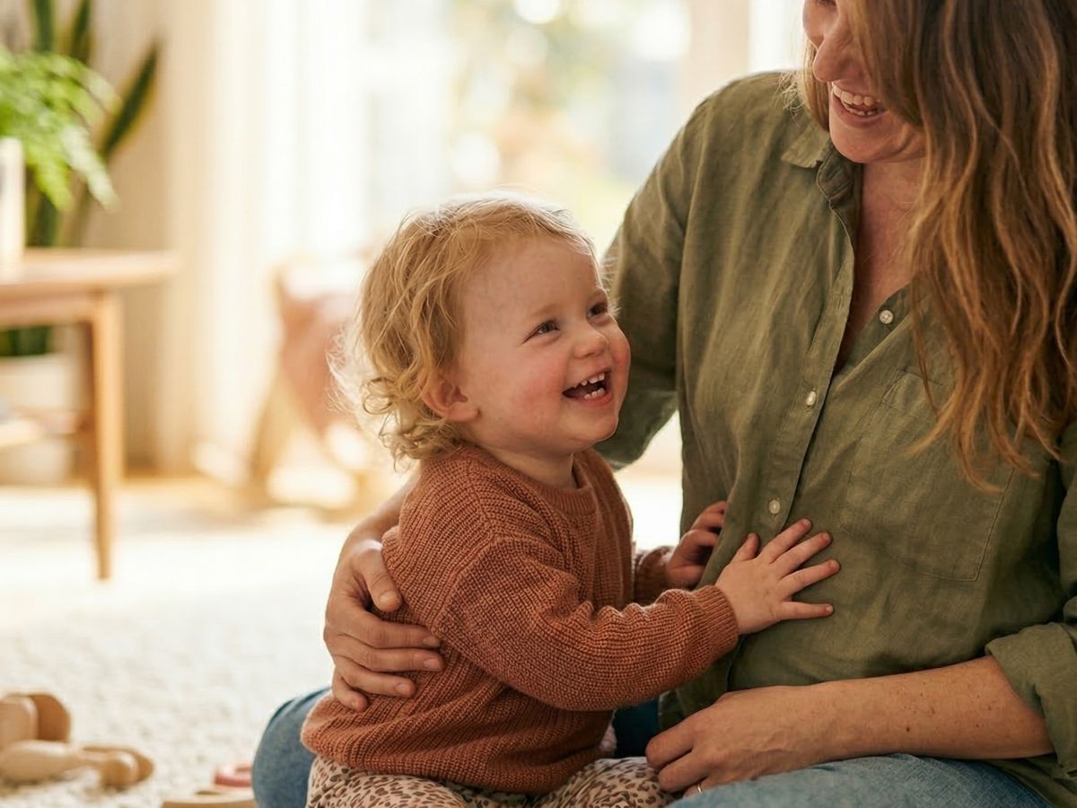 Mutter und Kind sitzen lachend auf dem Boden, das Kind legt die Hände auf den Bauch der Mutter – Lebensqualität nach Kaiserschnitt-Narbentherapie