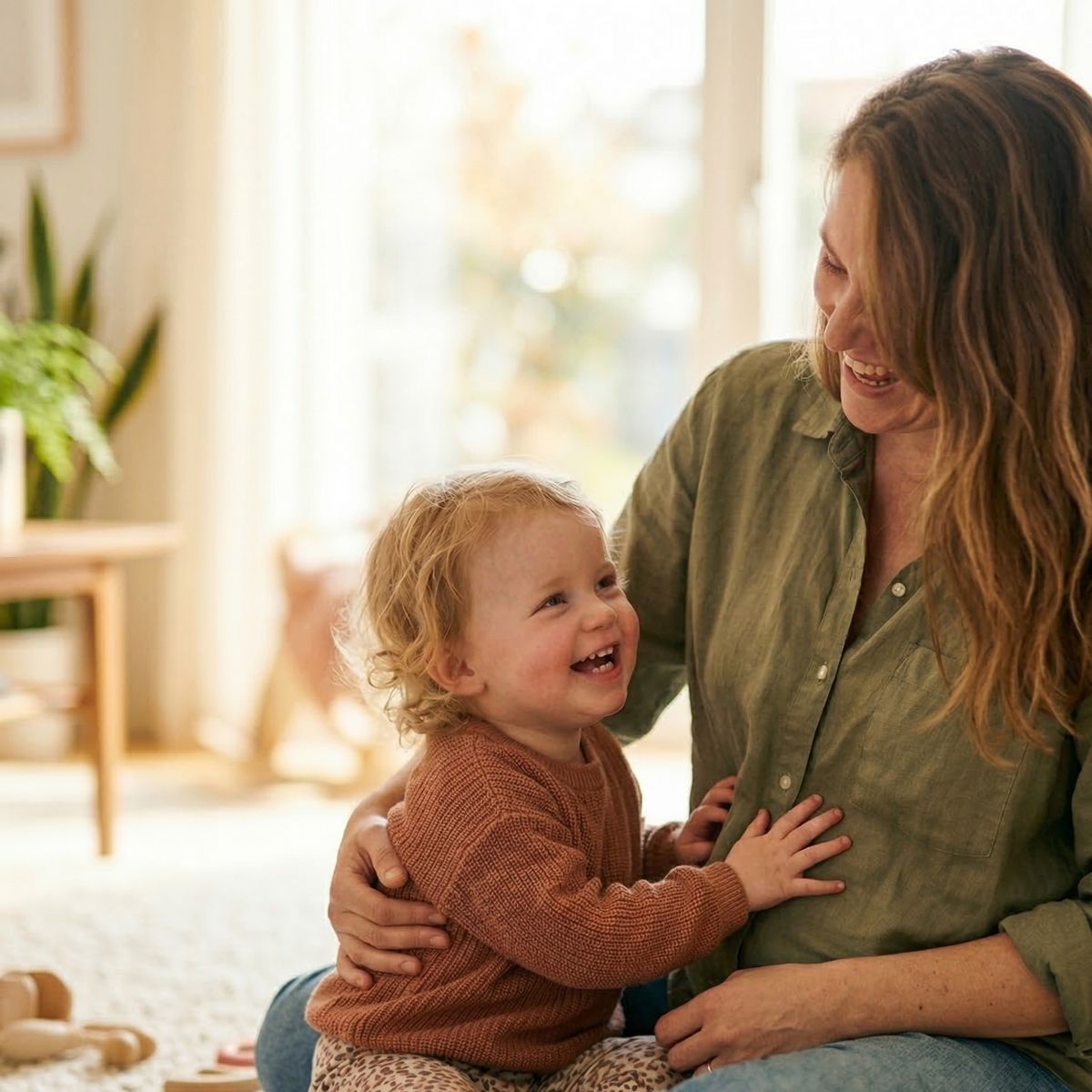 Mutter und Kind sitzen lachend auf dem Boden, das Kind legt die Hände auf den Bauch der Mutter – Lebensqualität nach Kaiserschnitt-Narbentherapie
